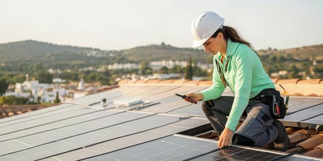 Técnica revisando una instalación de paneles solares en una cubierta de Tomares